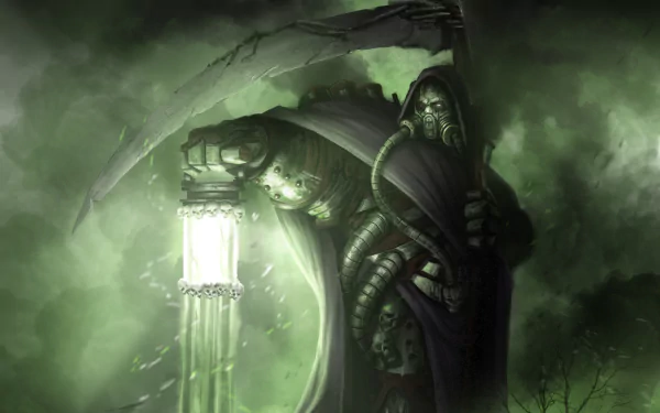 4K Ultra HD Warhammer 40k PC wallpaper featuring a dark, hooded figure holding a lantern, surrounded by an eerie green mist in a grim sci-fi atmosphere.