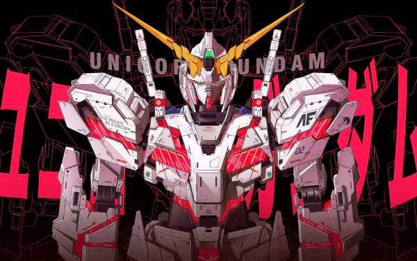 4K Ultra HD desktop wallpaper featuring Unicorn Gundam in detailed white and red armor with glowing yellow antennae against a dark, schematic-style background.