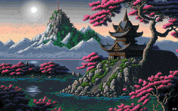 Pixel art HD wallpaper featuring a serene lake scene with traditional buildings, cherry blossoms, and snow-capped mountains under a moonlit sky.