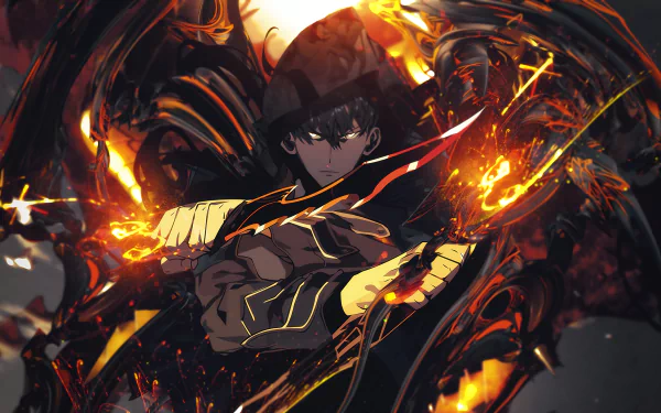 HD desktop wallpaper featuring Sung Jin-Woo from the anime Solo Leveling, depicted in a powerful stance with dynamic lighting and flames surrounding him.
