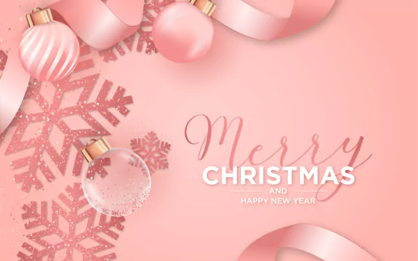 4K Ultra HD Merry Christmas holiday wallpaper featuring pink ornaments, snowflakes, and festive ribbons on a soft pink background with Merry Christmas and Happy New Year text.