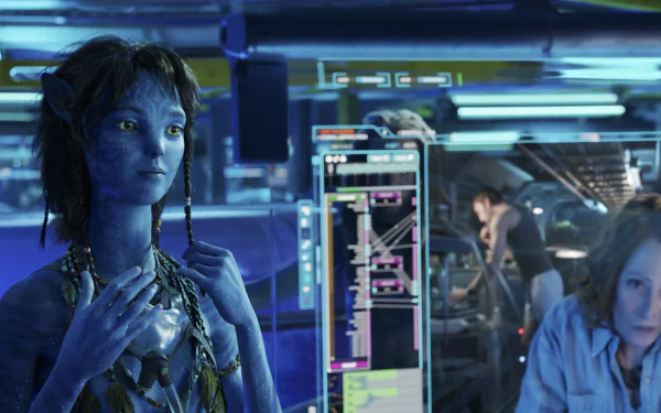 HD desktop wallpaper of Kiri from Avatar: The Way of Water in a futuristic lab setting, providing a vivid and engaging background scene.