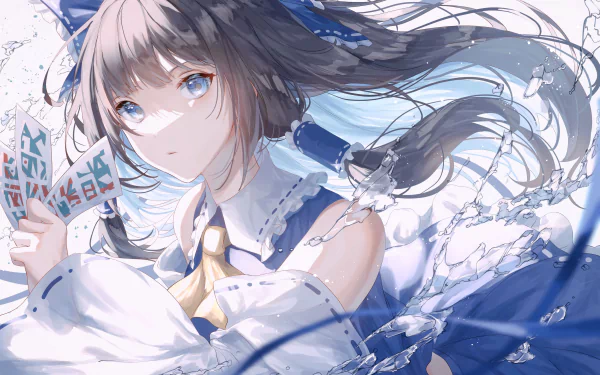 4K Ultra HD anime wallpaper featuring Reimu Hakurei from Touhou, with soft blue and white tones and flowing hair creating a serene, detailed desktop background.