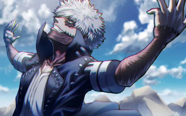 Dabi (Boku No Hero Academia) in a dramatic, windswept pose with stitched scars and dark coat under a bright sky — 4K Ultra HD anime PC desktop wallpaper/background