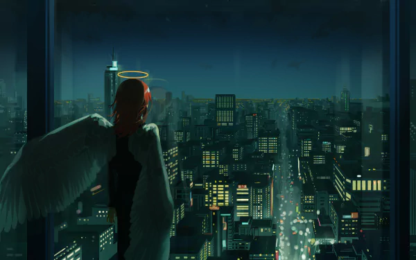 HD desktop wallpaper featuring Angel Devil from Chainsaw Man, standing in front of a nighttime cityscape, wings spread and halo glowing.
