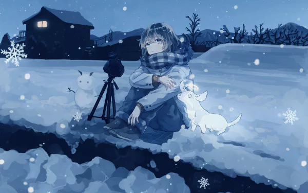 4K Ultra HD PC winter anime wallpaper: anime girl in a scarf sits in snow with a small white dog and tripod camera, snowflakes falling, lit house and bare trees under a blue night sky.
