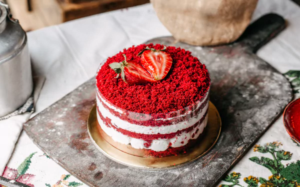4K Ultra HD PC desktop wallpaper of a layered red velvet cake with cream cheese filling and sliced strawberries on a rustic metal board.