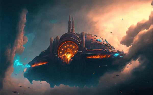  A flying alien spaceship in clouds