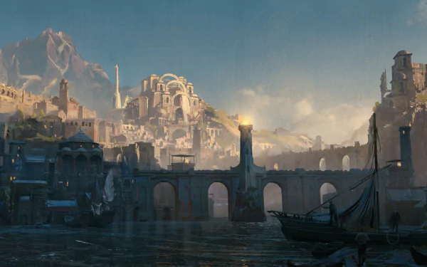HD PC desktop wallpaper of a misty coastal city and arched bridge at sunrise from the TV show The Lord of the Rings: The Rings of Power.