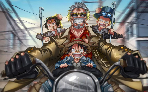 HD desktop wallpaper featuring Monkey D. Luffy, Sabo, Monkey D. Garp, and Portgas D. Ace from the anime One Piece riding a motorcycle together.