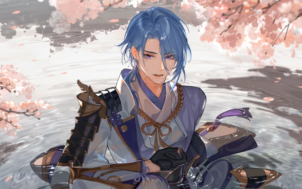 Kamisato Ayato from Genshin Impact depicted in a detailed 4K Ultra HD video game wallpaper with cherry blossoms and water reflections.