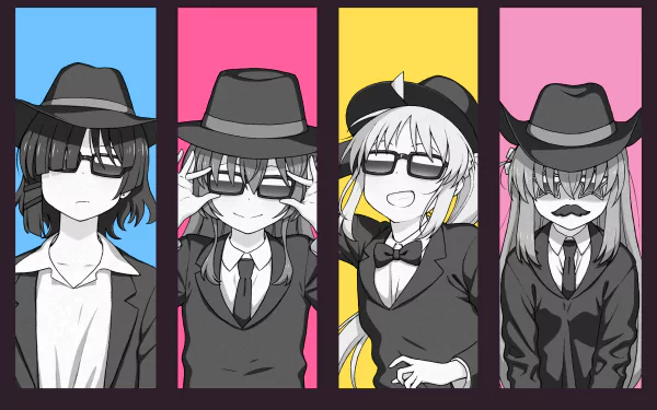 HD PC desktop wallpaper featuring Hitori Gotou, Nijika Ijichi, Ikuyo Kita, and Ryou Yamada from the anime Bocchi the Rock! in black suits and hats.