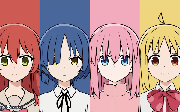 4K Ultra HD anime wallpaper featuring Nijika Ijichi, Hitori Gotou, Ryou Yamada, and Ikuyo Kita from Bocchi the Rock! against colorful vertical panels.