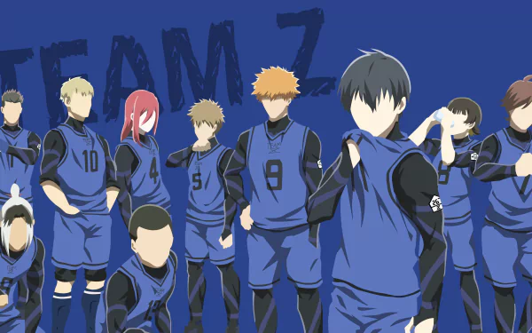 Anime-style 4K Ultra HD PC desktop wallpaper featuring the Blue Lock soccer team in blue uniforms against a dark blue background.