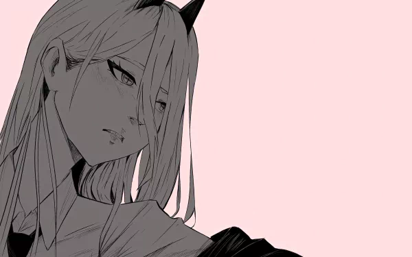 Power from Chainsaw Man is depicted in this 8K Ultra HD anime wallpaper, showcasing detailed line art and a soft pink background.