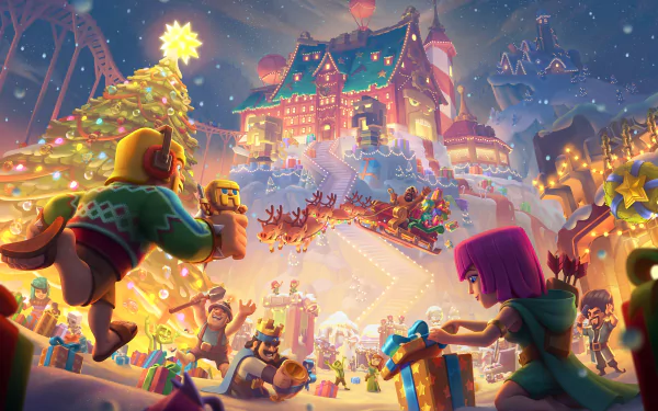 HD PC desktop wallpaper featuring a festive Clash of Clans scene with characters celebrating Christmas in a snowy village illuminated by holiday lights.