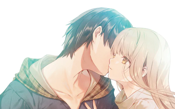 HD anime desktop wallpaper featuring Mahiru Shiina and Amane Fujimiya from The Angel Next Door Spoils Me Rotten sharing a tender moment.