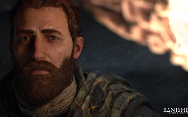 HD desktop wallpaper featuring a bearded character from Banishers: Ghosts of New Eden with a blurred ethereal figure in the background.