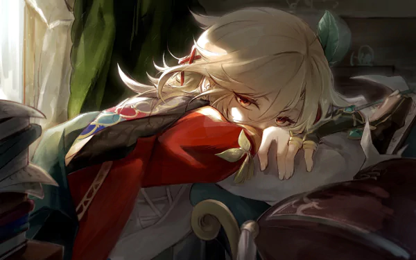 HD PC desktop wallpaper featuring Kaveh from the video game Genshin Impact, depicted with soft lighting and detailed artwork in a relaxed indoor setting.