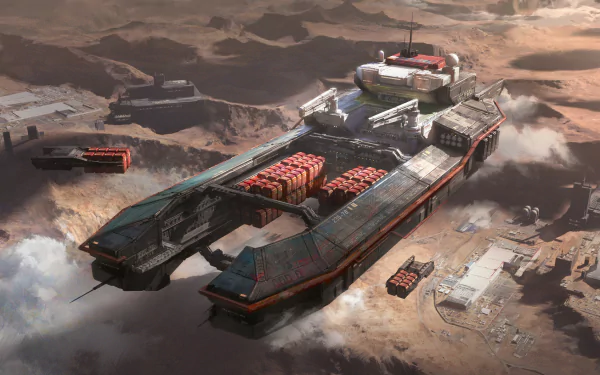HD desktop wallpaper featuring a large, rugged spaceship landing on a dusty, alien terrain, surrounded by smaller structures, in a sci-fi themed setting.