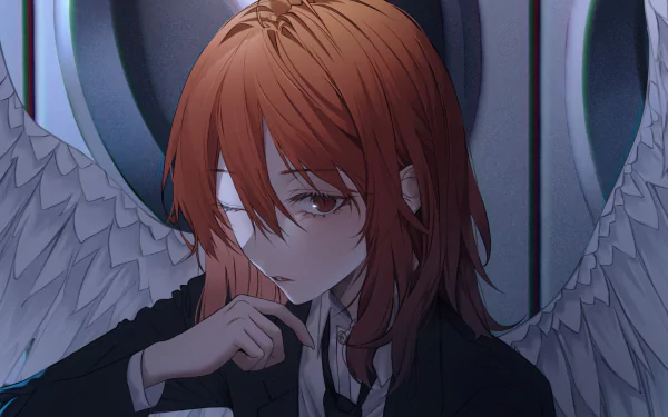 HD anime wallpaper featuring Angel Devil from Chainsaw Man with detailed wings and red hair against a dark, atmospheric background.