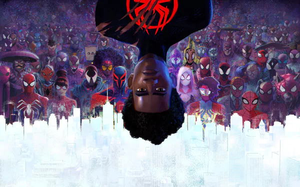 HD desktop wallpaper of Miles Morales from the movie Spider-Man: Across the Spider-Verse. It features Miles in his Spider-Man suit, upside down, with a background filled with various Spider-Man characters.