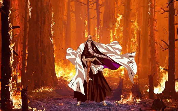 HD anime desktop wallpaper of Genryūsai Shigekuni Yamamoto from Bleach, standing amid a fiery forest, symbolizing his power as captain of Gotei 13's 1st Division.