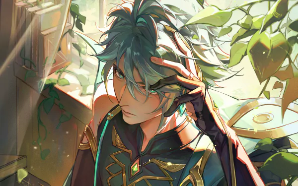 Al-haitham (Genshin Impact) portrait in sunlit foliage — stylized video game art, HD PC desktop wallpaper and background.