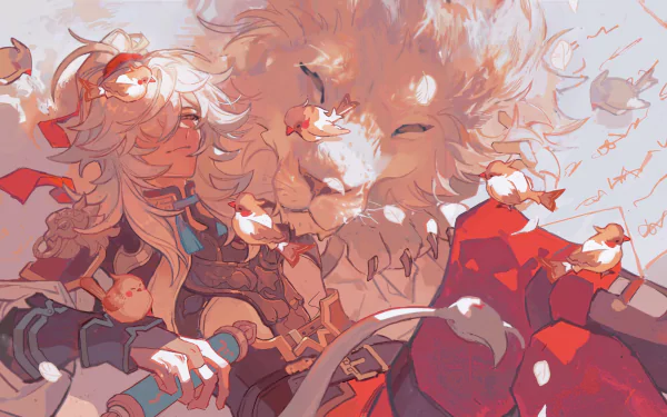 4K Ultra HD PC wallpaper of Jing Yuan from the video game Honkai: Star Rail, featuring a serene scene with the character surrounded by small birds and a large lion-like creature.