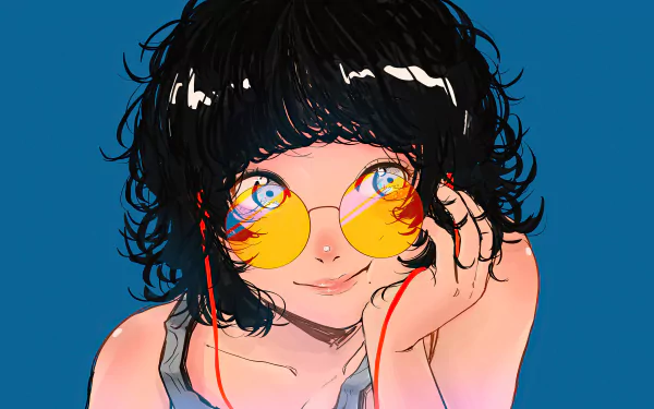 Anime girl with short black hair and round yellow sunglasses, rendered in vibrant colors for an 8K Ultra HD PC desktop wallpaper background.