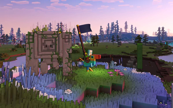 HD PC desktop wallpaper featuring a vibrant Minecraft Legends scene with a character holding a flag beside a moss-covered stone statue in a blocky, pixelated landscape.