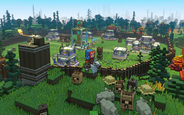 HD PC desktop wallpaper featuring a vibrant Minecraft Legends village with blocky characters, buildings, and lush forest surroundings from the video game Minecraft Legends.