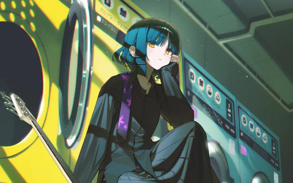 Ryou Yamada from the anime Bocchi the Rock! depicted in a detailed 4K Ultra HD PC desktop wallpaper, set against a vibrant background of electronic equipment.