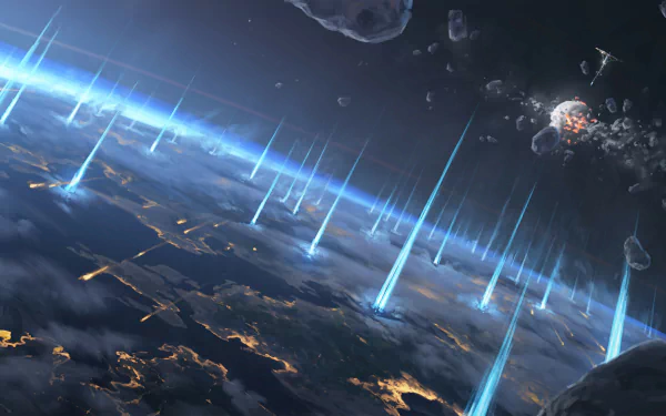 HD PC desktop wallpaper of a dramatic space scene from the movie The Wandering Earth 2, featuring Earth’s atmosphere and incoming fiery meteor streaks.