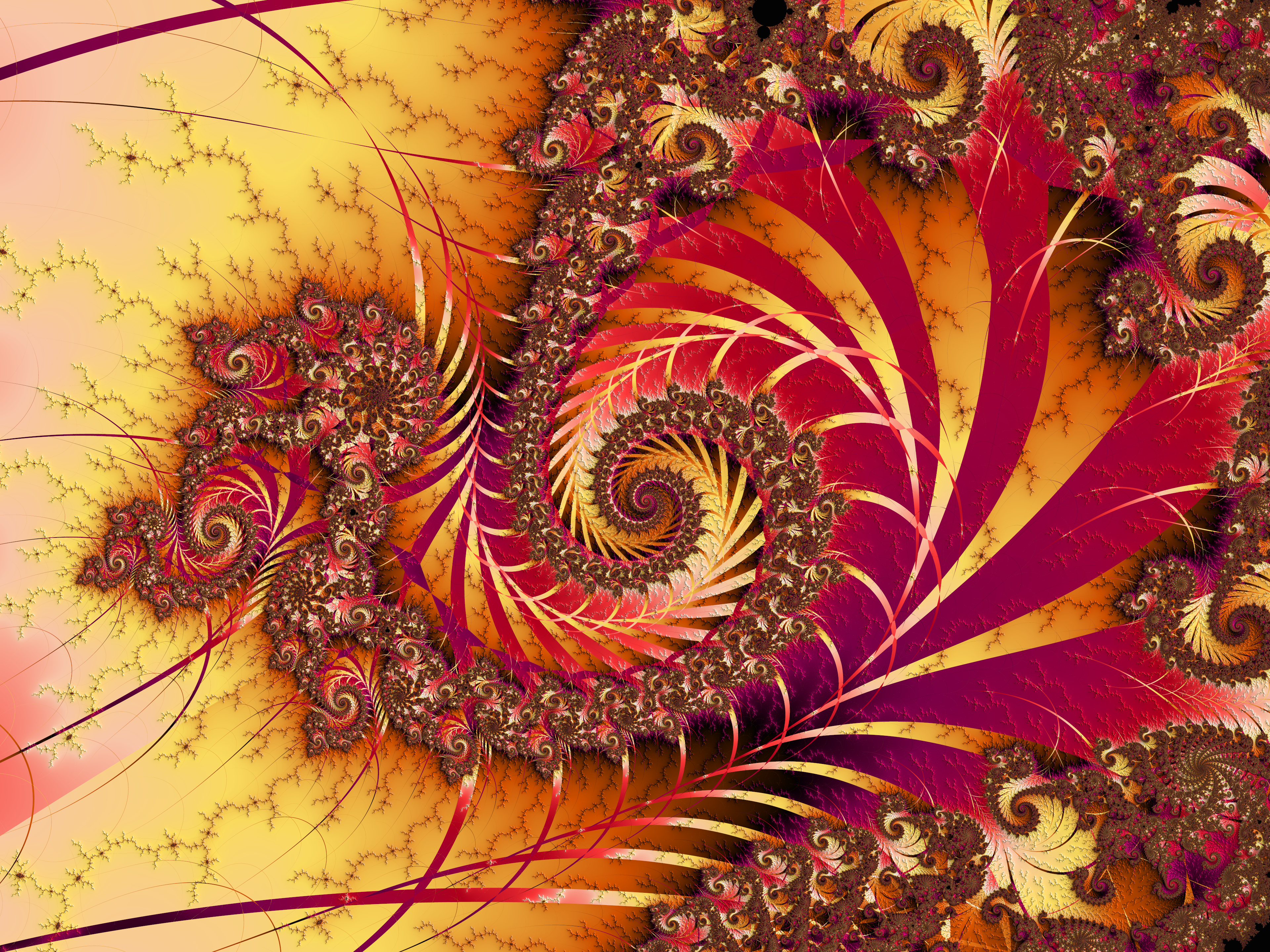 HD fractal wallpaper featuring a psychedelic and trippy CGI spiral pattern in red and gold tones, perfect for a vibrant desktop background.