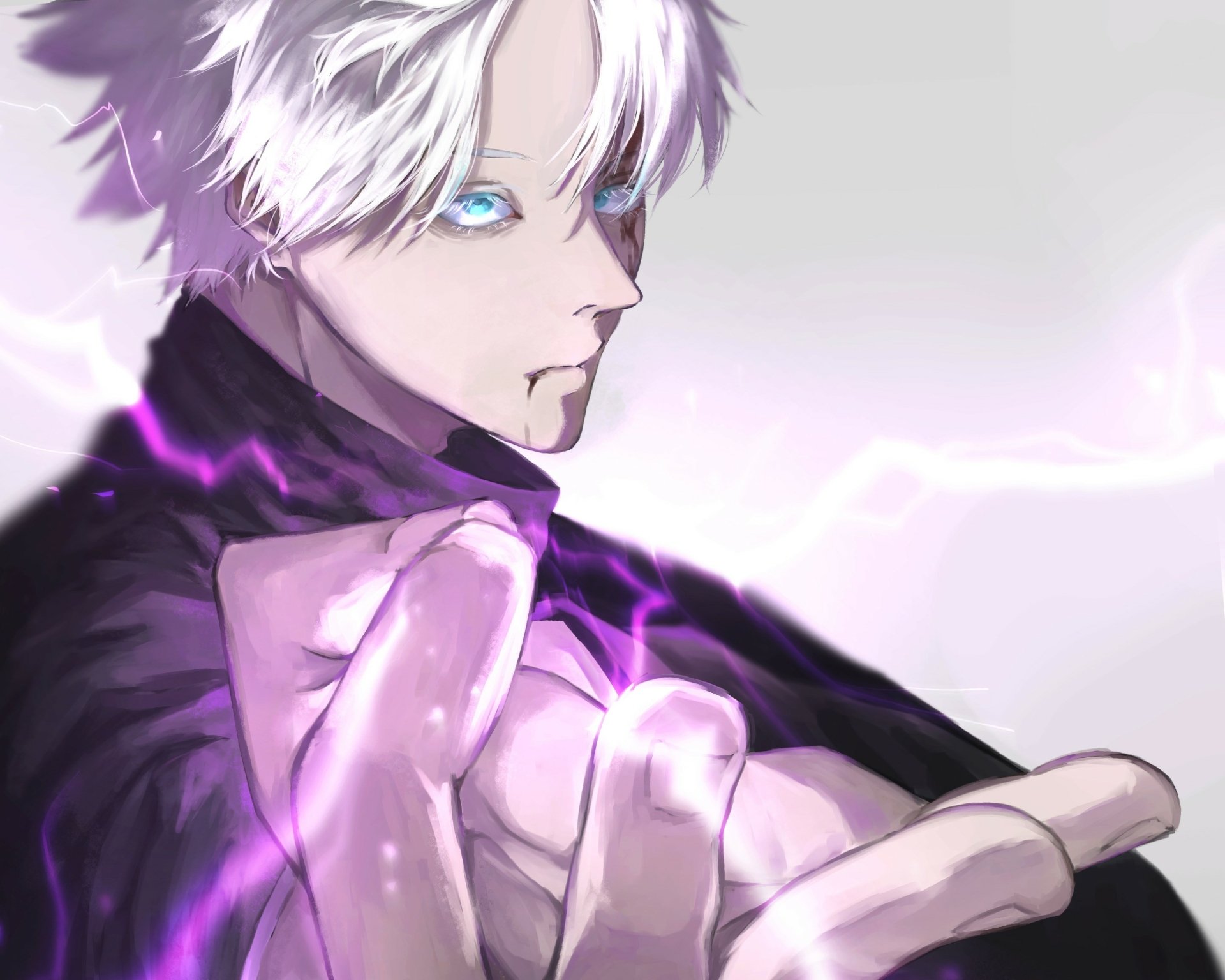 HD PC desktop wallpaper featuring Satoru Gojo from the anime Jujutsu Kaisen, depicted with glowing blue eyes and purple energy swirling around his outstretched hand.