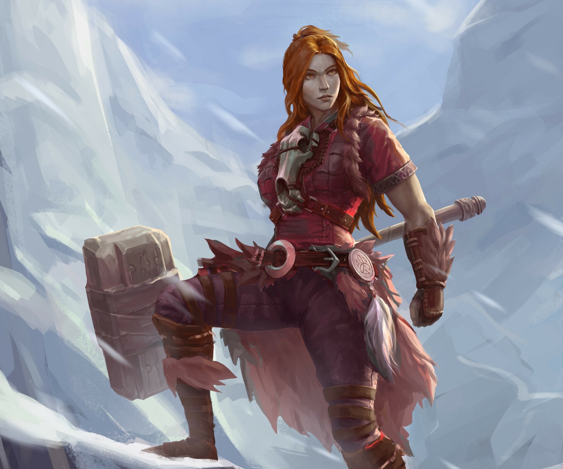 Fantasy HD PC wallpaper featuring a fierce woman warrior with red hair, dressed in armor, standing confidently against a snowy mountainous backdrop.