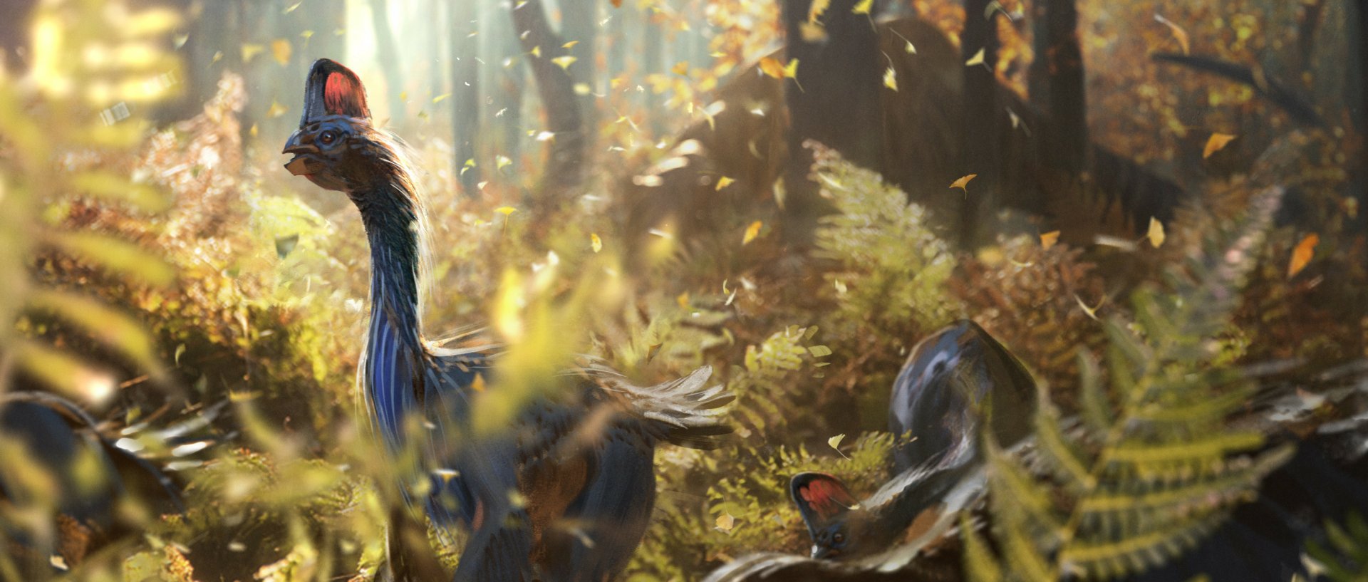 HD PC desktop wallpaper background of animal dinosaurs: feathered, crested herbivores moving through a sunlit autumn forest with ferns and drifting leaves.