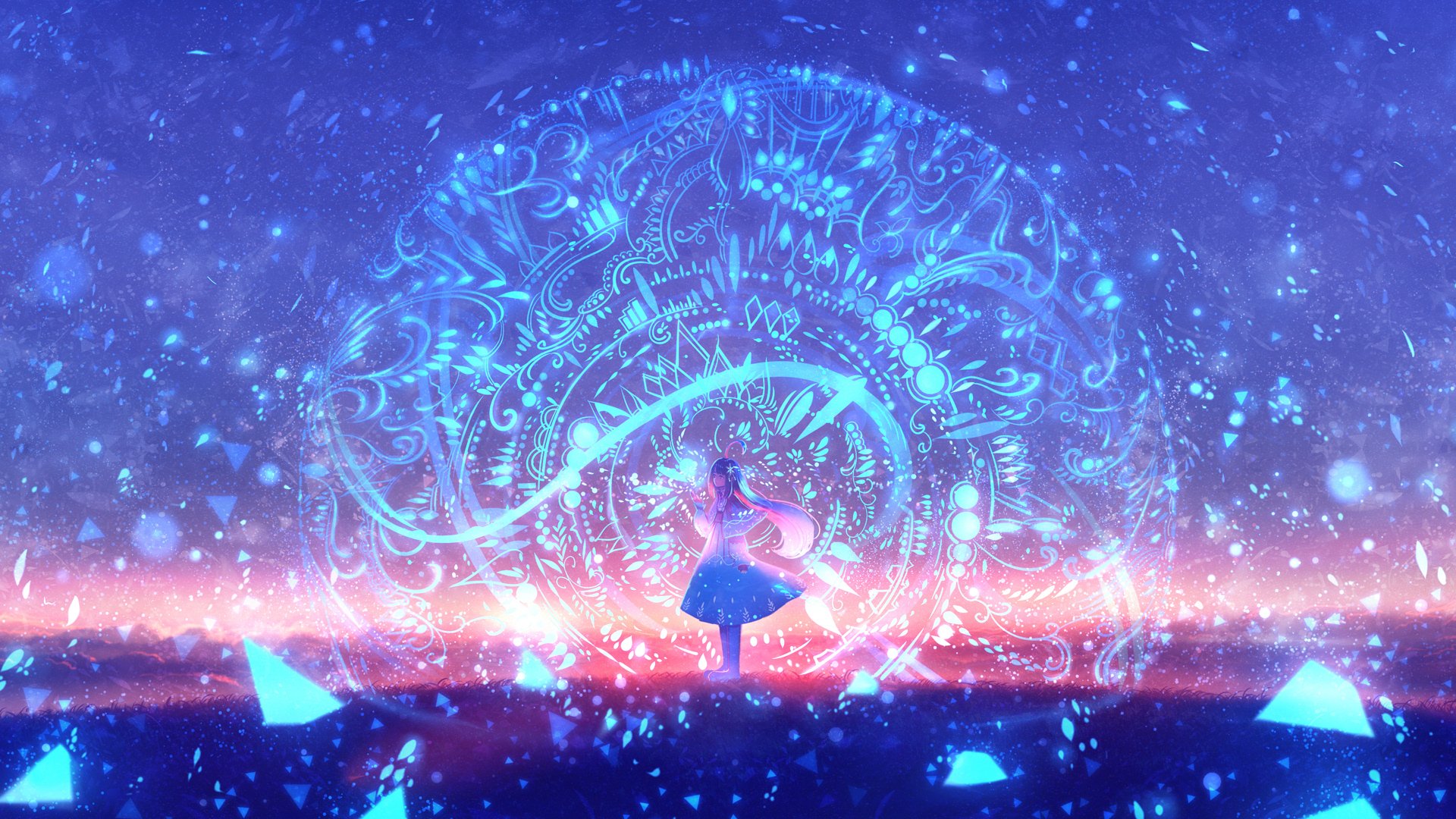 Anime girl standing against a glowing, intricate circular pattern in a vibrant, cosmic blue and purple HD desktop wallpaper background.