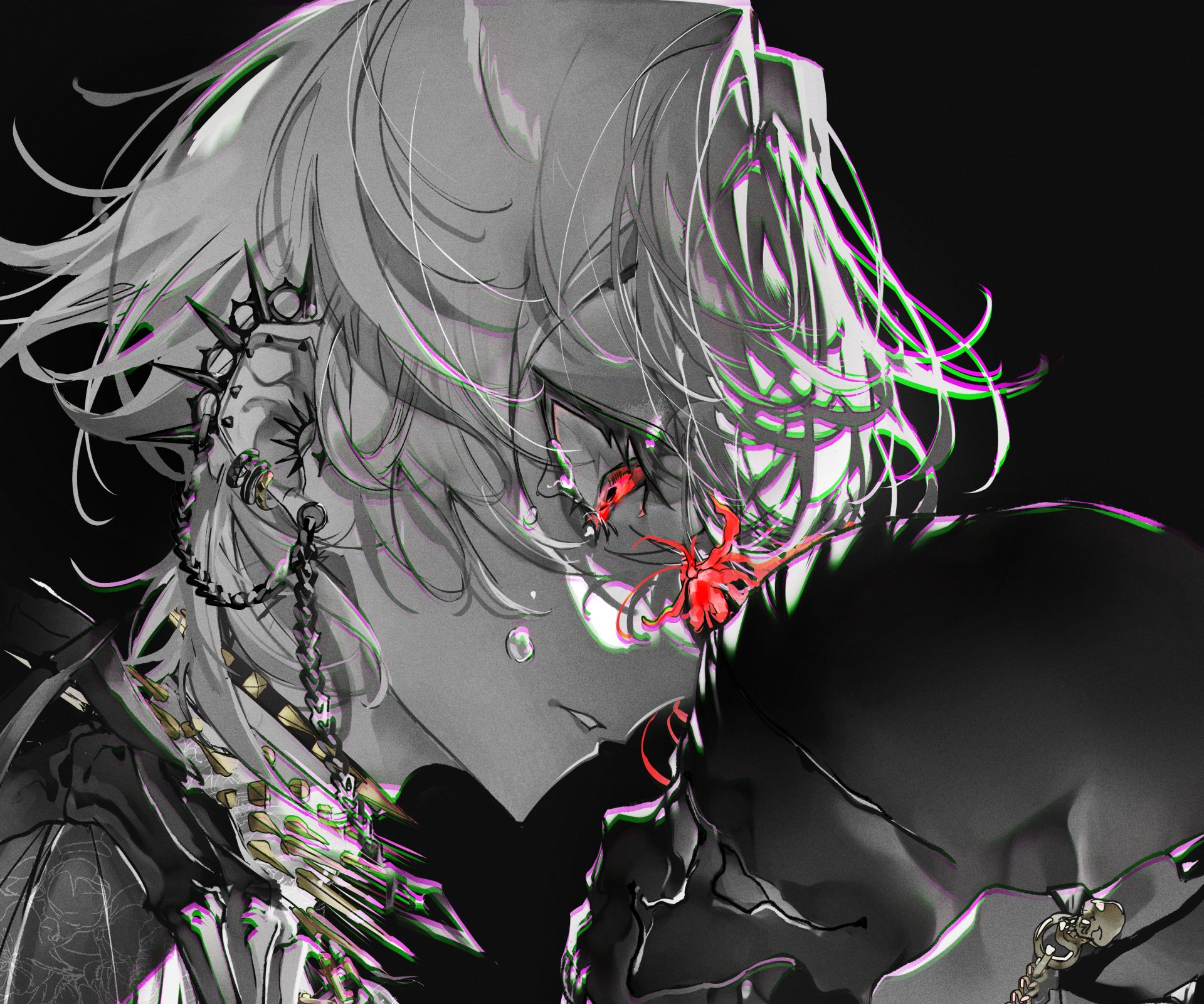 2K Quad HD PC desktop wallpaper: anime girl close-up, monochrome with tousled hair, red glitchy eye, chains and piercings, moody cyberpunk vibe.