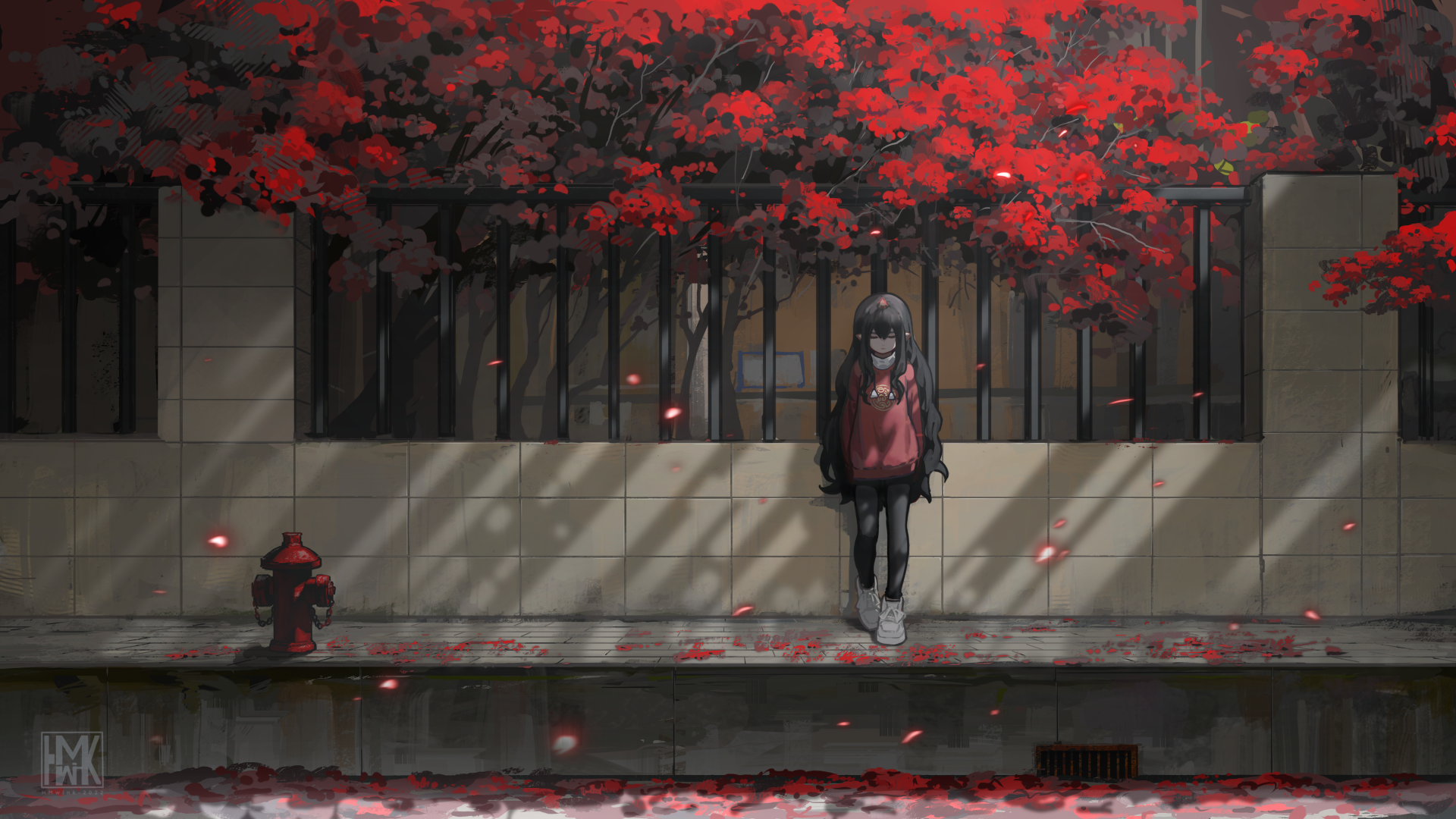 A 4K Ultra HD anime wallpaper featuring an anime girl standing on a sidewalk beneath vibrant red-leaved trees, with scattered petals adding a serene atmosphere.