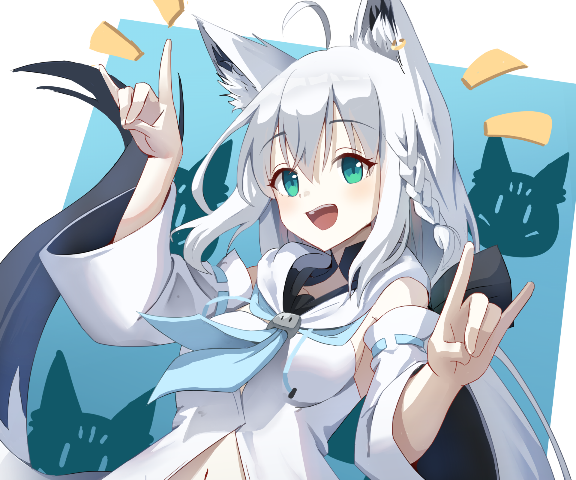 HD PC desktop wallpaper featuring Shirakami Fubuki, a virtual YouTuber from Hololive, depicted in vibrant anime style with a cheerful expression and dynamic pose.