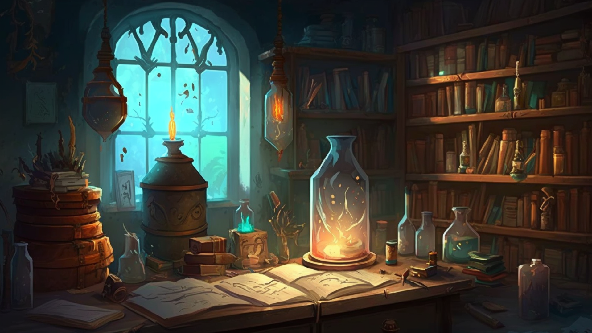 HD fantasy wallpaper of a magical potion room at Hogwarts, filled with glowing bottles, spell books, and warm candlelight, inspired by Harry Potter and Hogwarts Legacy.