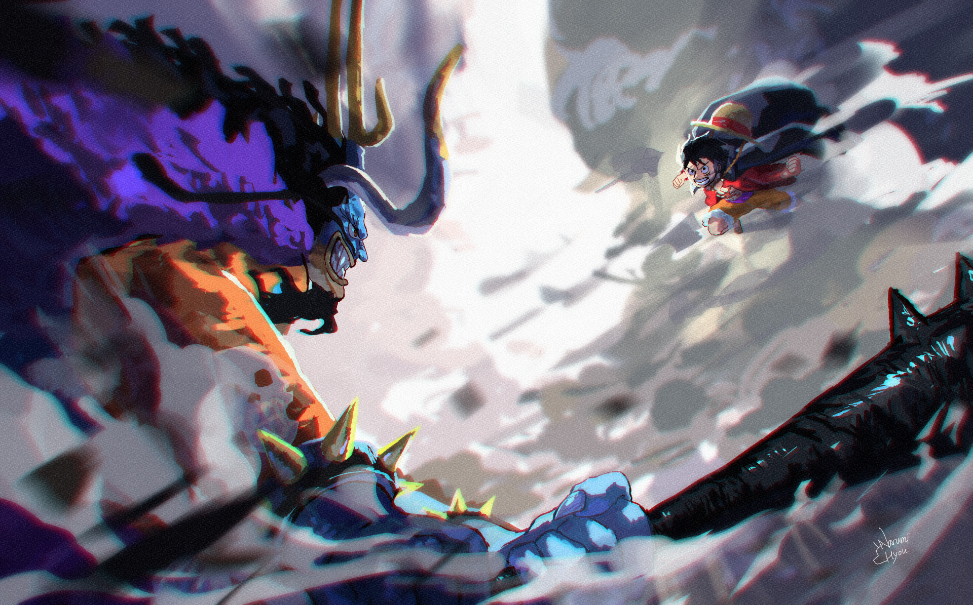 HD anime desktop wallpaper depicting an intense battle scene between Monkey D. Luffy and Kaido from One Piece.
