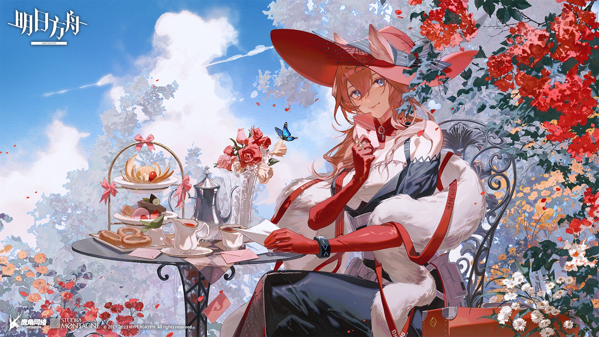 HD PC wallpaper of Heidi (Arknights), video game art: she sits at a floral tea table in a red hat and coat, surrounded by blossoms and butterflies beneath a bright blue sky.