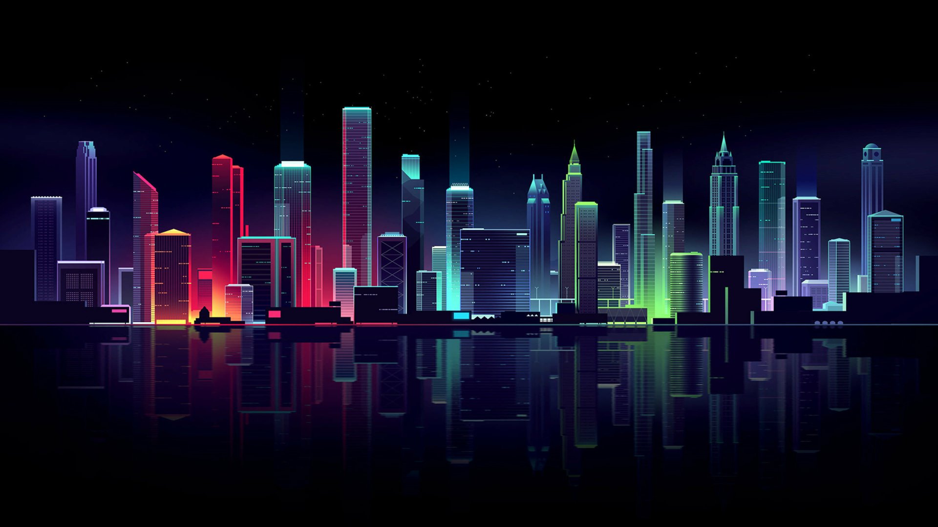 Artistic minimalist HD PC desktop wallpaper featuring a vibrant neon city skyline reflected on a dark water surface against a starry night sky.