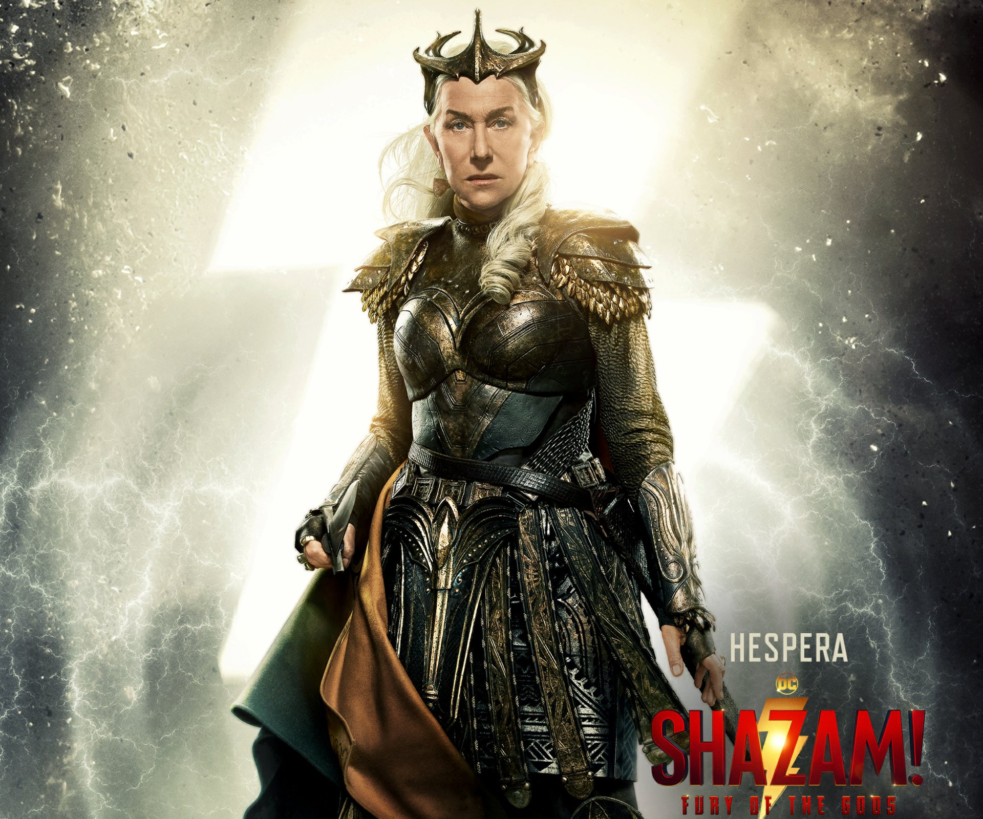 HD PC desktop wallpaper showing Hespera from the movie Shazam! Fury of the Gods in ornate armor, standing before a glowing lightning symbol and stormy, electric backdrop.