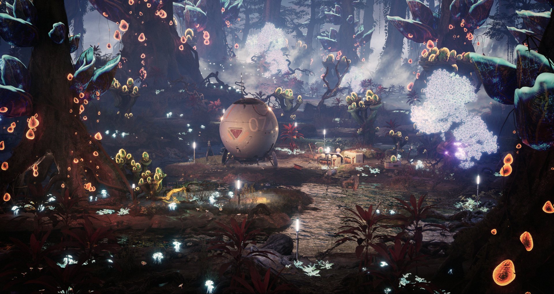 Alien forest sci‑fi exploration: bioluminescent plants, floating spores, a small spherical lander and a lit camp — 2K Quad HD PC desktop wallpaper/background.