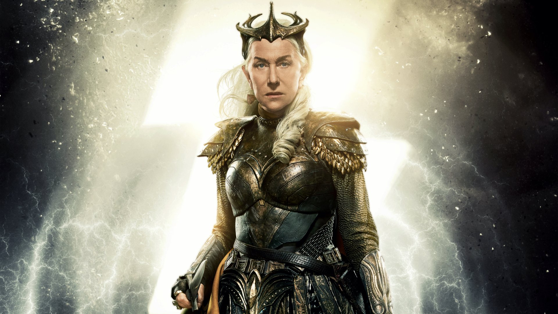 Armored goddess warrior from the movie Shazam! Fury of the Gods framed by a glowing sigil and light — 2K Quad HD PC desktop wallpaper/background.