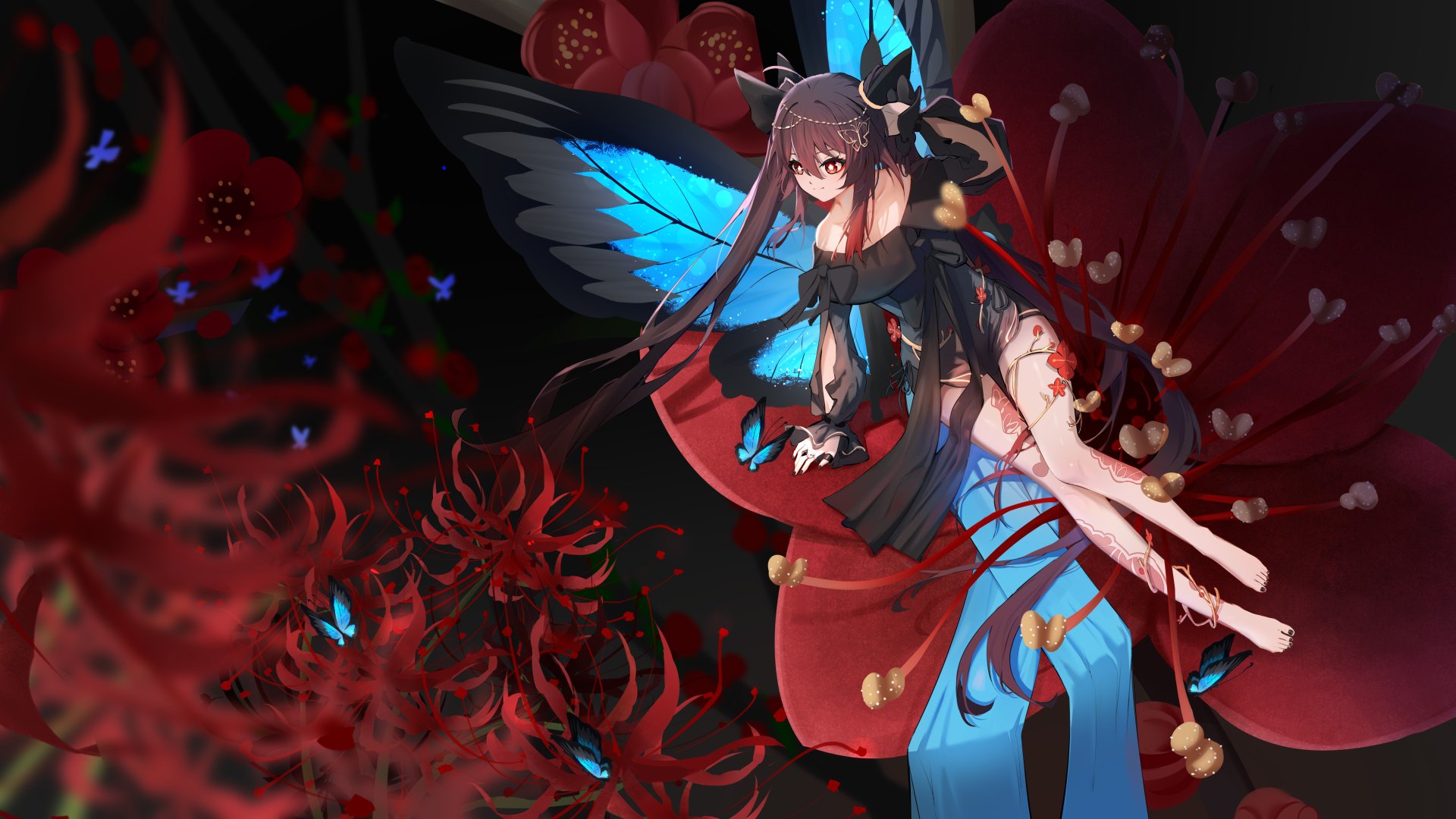 Hu Tao from Genshin Impact depicted in a vibrant 4K Ultra HD wallpaper, surrounded by red flowers and glowing blue butterflies on a dark background.
